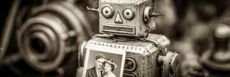 A vintage robot stands proudly, displaying a classic black and white photo of a couple against an industrial backdrop.の素材
