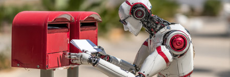 A robot is seen approaching a mailbox in a lively urban setting, with green plants adding to the pleasant atmosphere.の素材