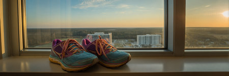 Bright running shoes sit on a windowsill, overlooking the city as the sun sets, casting warm light across the landscape.の素材