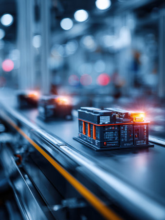 Battery components are seen traveling down a conveyor belt in a factory setting, illuminated by subtle glowing lights that signify status.の素材