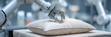 A robotic arm is skillfully grasping a cushion in a high-tech lab during an experiment focused on automation and robotics.の素材