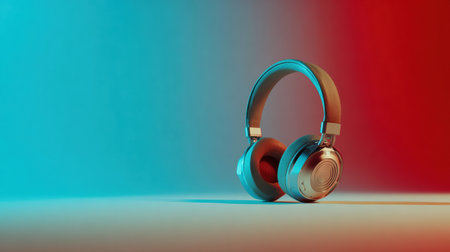 Headphones stand elegantly on a smooth surface with a striking blue and red gradient background, emphasizing their sleek appearance.の素材