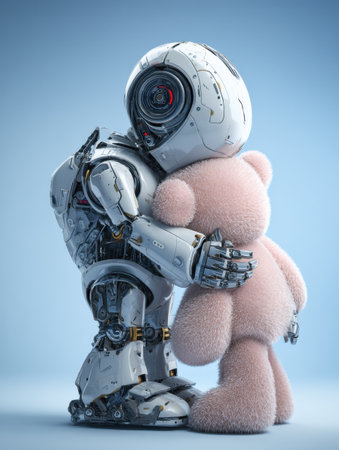A robot embraces a plush teddy bear against a calm blue backdrop, showcasing an unexpected connection between artificial intelligence and comfort.の素材