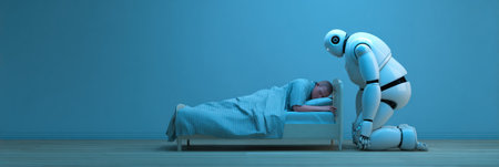 A humanoid robot kneels beside a sleeping person in a softly illuminated, serene space, providing care and comfort.の素材