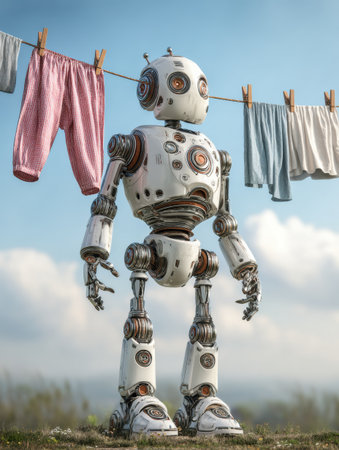 A robot observes hanging laundry in a sunny field, showcasing a blend of technology and domestic life in a serene outdoor setting.の素材