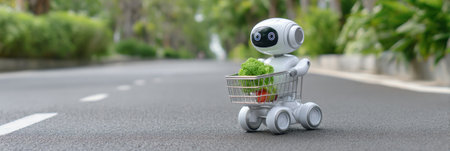 A small robot pushes a shopping cart filled with fresh vegetables along a peaceful road lined with trees.の素材