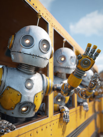 Group of cheerful robots wave from the windows of a bright yellow school bus under a clear sky during daytime.の素材