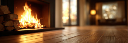 A warm and inviting scene features a glowing fireplace in a stylish living room. Soft light enhances the cozy atmosphere.の素材