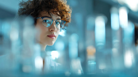 A young scientist in glasses is focused on her work in a well-lit laboratory surrounded by glass containers and scientific instruments.の素材