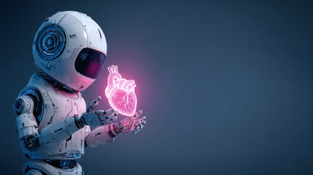 A robot appears to hold a glowing heart shape, showcasing a blend of technology and creativity in a futuristic setting.の素材