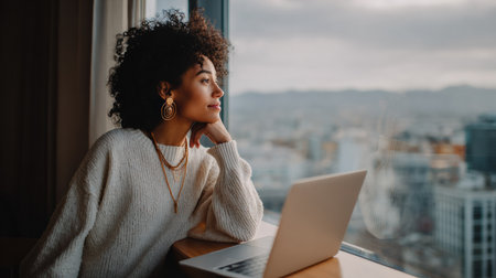 Young woman with curly hair is sitting at a desk, gazing out the window with a laptop in front, immersed in her thoughts and surroundingsの素材