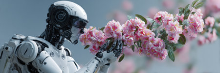 A robot delicately holds pink flowers, showing its gentle interaction with nature in a peaceful environment filled with soft light.の素材