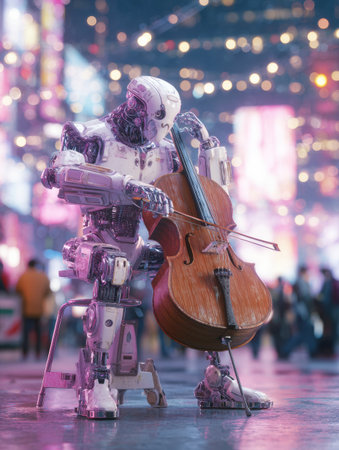 A robotic figure skillfully plays a cello amid bright city lights, engaging passersby in a lively urban atmosphere at night.の素材