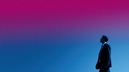 A man in business attire walks confidently against a striking gradient backdrop of magenta and blue at twilight in a city.の素材