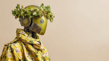 A robot sporting a vibrant floral outfit and a green headpiece stands gracefully against a plain background, showingcasing artistry and design.の素材