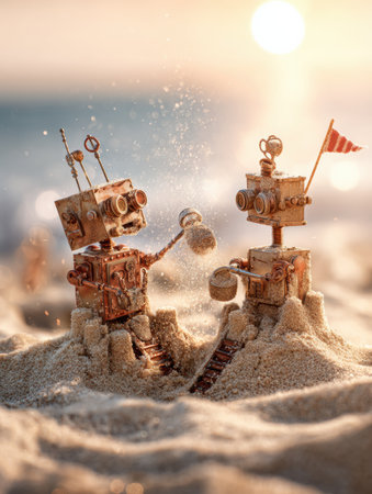 Two charming robots work together, building sandcastles on a sunny beach as the sun sets, with gentle waves lapping nearby.の素材