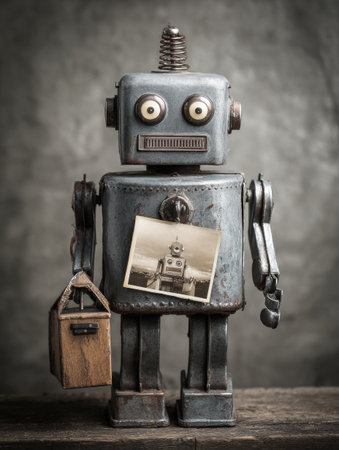 A charming robot stands on a wooden surface, grasping a wooden box and displaying a vintage photo on its chest. Soft lighting adds a warm touch.の素材