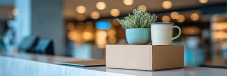 A box sits on a counter next to a coffee mug and a small plant, creating a cozy atmosphere in a stylish setting.の素材