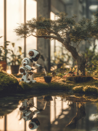 A small robot is carefully watering a bonsai tree in a tranquil garden filled with greenery, reflecting soft light in the peaceful atmosphere.の素材