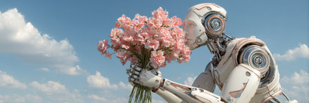 A robot leans in to smell a bouquet of pink flowers, enjoying the beauty of nature on a lovely day.の素材