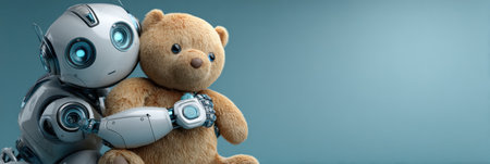 A robot gently hugs a plush teddy bear, creating a heartwarming scene against a calm blue background.の素材