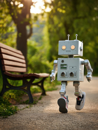 A small robot with a boxy design walks along a park path surrounded by greenery, enjoying the warm glow of sunset near a bench.の素材