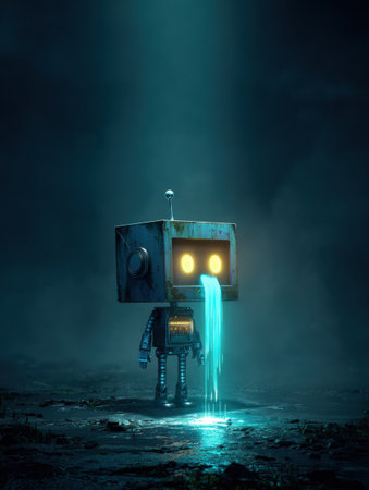 A robot with bright eyes stands alone in a dark, misty setting, water flowing from its mouth, creating an eerie atmosphere.の素材