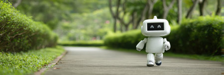 A small, friendly robot walks along a park path surrounded by lush greenery and trees under bright sunlight.の素材
