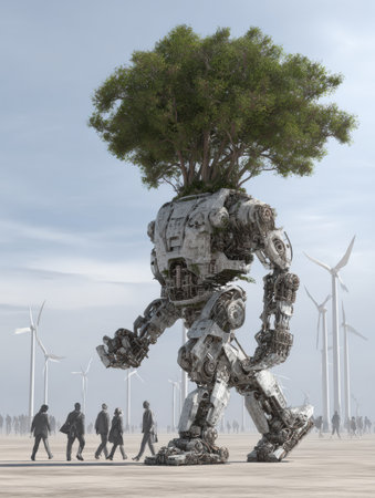 A massive robot resembling a human is seen walking through a landscape filled with wind turbines, topped with a green tree.の素材