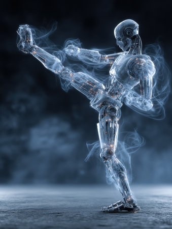 A transparent robot is striking a high kick against a dark, misty background, showing advanced design and motion.の素材