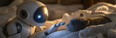 A robot interacts gently with a sleeping cat in a cozy, softly lit bedroom scene, showing a unique bond between technology and nature.の素材