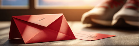 A red envelope and a note rest on the floor beside athletic shoes as warm sunlight filters through a window, suggesting motivation.の素材