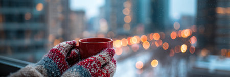 Hands in colorful mittens cradle a warm cup while gazing out at a blurred cityscape during a cold morning.の素材