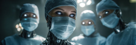 A robotic medical team stands ready for surgery, showcasing high-tech features and unique designs in a modern operating environmentの素材