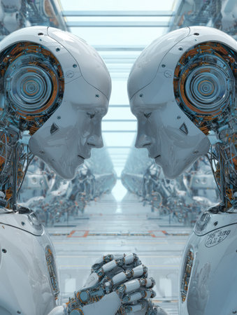 In a modern setting, two sleek humanoid robots engage in an intimate moment, contemplating their existence and potential interactions.の素材