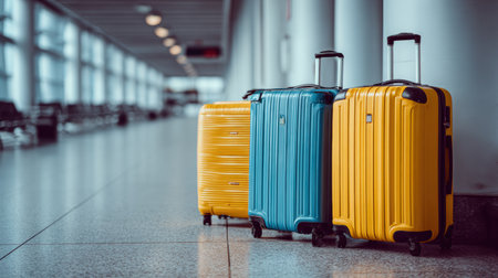 Three vibrant suitcases in yellow and blue are placed neatly in a spacious airport terminal with waiting areas nearby.の素材