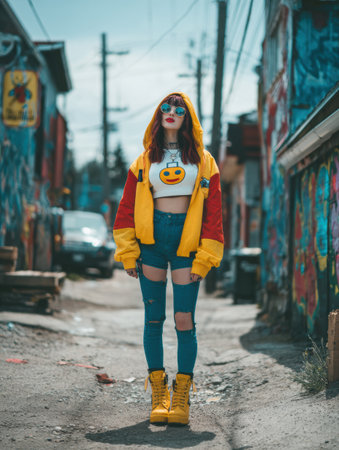 A young person stands confidently in a colorful alley, blending urban style with playful fashion choices amid lively murals.の素材