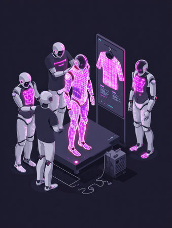 In a futuristic setting, robots gather around a holographic display, examining a 3D fashion design projected in vibrant colors and details.の素材