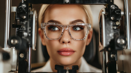 Woman looks directly at the camera during an eye test, showcasing modern equipment used for vision assessment in a clinic.の素材