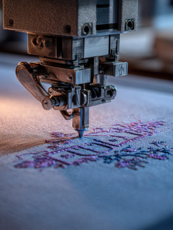 A sewing machine is skillfully stitching a colorful floral pattern on white fabric in a bright workshop setting.の素材