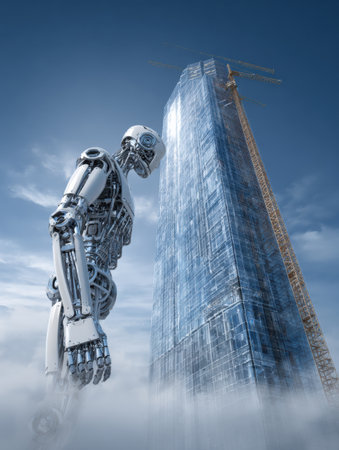 A large robot stands beside a tall building under construction, showcasing a blend of technology and architecture on a bright day.の素材