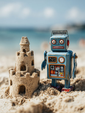 A colorful toy robot poses next to a detailed sandcastle on the beach, with ocean waves in the background under a clear sky.の素材
