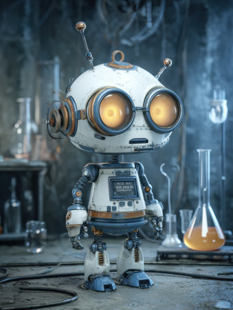 A charming robot stands in a dimly lit laboratory surrounded by flasks and beakers filled with colorful liquids.の素材