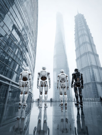 Four humanoid robots stand in a modern urban setting, gazing at high-rise buildings enveloped in mist during early morning light.の素材