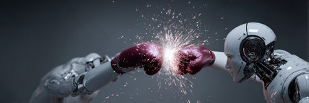 Two advanced robots engage in a dramatic boxing match, creating a spectacular display of sparks in a high-tech environment.の素材