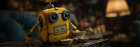 A small yellow robot seated at a table, sipping tea from fine china cups in a warm, inviting room filled with vintage decor.の素材