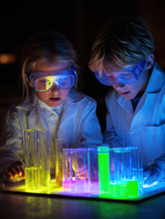 Two children engage in a science experiment with glowing liquids in test tubes at night, showing their curiosity and excitement for learning.の素材