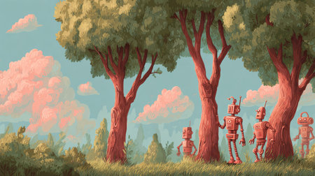 Four robots stand among vibrant trees in a lush landscape, enjoying the warm sunlight on a clear day.の素材