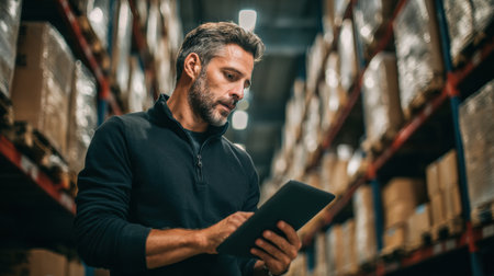 A man uses a tablet to check inventory in a busy warehouse filled with neatly stacked boxes and pallets, focusing on his task.の素材