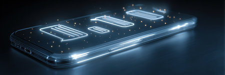 A sleek smartphone rests on a surface, showcasing illuminated message icons that create a vibrant visual in a dark environment.の素材